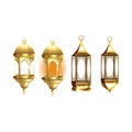 Muslim ornamental lamps hanging on chainlets. Gold, bronze, black metal oriental lanterns vector design on a white background.