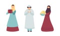 Muslim People Character in Traditional Clothing Greeting and Holding Gift Box Vector Illustration Set Royalty Free Stock Photo