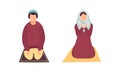 Muslim People Character in Traditional Clothing Praying with Bend Knee on the Carpet Vector Illustration Set Royalty Free Stock Photo