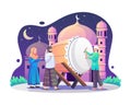 Muslim People greetings Ramadan Kareem and Eid Mubarak with a person hitting bedug or drum. Calling time to suhoor or iftar