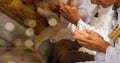 Muslim people pray in islam ceremony in mosque during islamic ramadan