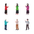 Muslim people isometric. 3d people, muslim woman and man in islamic clothes.