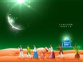 Muslim People Playing Tabu Debug Drum with Carrying Mosque on Crescent Moon Green and Orange Lights Effect for Ramadan