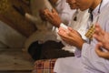 Muslim people pray in islam ceremony in mosque during islamic ramadan