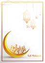 Muslim people praying on golden Crescent moon and hanging lantern on shiny white background for Eid festival. Royalty Free Stock Photo
