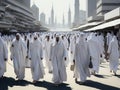 Muslim people walking on background of masjid wearing arab clothes at occasion of Hajj Royalty Free Stock Photo