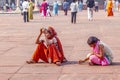 Muslim pilgrim women visiting the Jama Masjid mosque in Dehli, India. Jama Masjid is the largest mosque in India with millions of Royalty Free Stock Photo