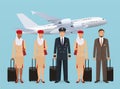 Muslim pilot and stewardesses characters in uniform standing on flying aircraft background. Aviation employee concept.