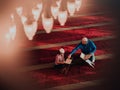 Muslim prayer father and son in mosque praying and reading holly book Quran together islamic education concept Royalty Free Stock Photo