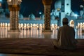 Muslim prayer sitting in front of mosque at Ramadan night with selective focus, neural network generated image