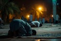 Muslim prayers praying at Ramadan night with selective focus, neural network generated image