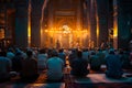 Muslim prayers sitting in a mosque at Ramadan night with selective focus, neural network generated image