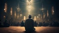 Muslim, praying and men with child in Mosque for spiritual religion together as family to worship Allah in Ramadan. Islamic, Royalty Free Stock Photo