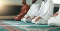 Muslim, praying and men in a Mosque for spiritual religion together as a group to worship Allah in Ramadan. Islamic Royalty Free Stock Photo