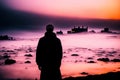 Muslim praying in a mystical environment, silhouette, no face visible, generative ai, color grading Royalty Free Stock Photo