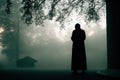 Muslim praying in a mystical environment, silhouette, no face visible, generative ai, color grading Royalty Free Stock Photo