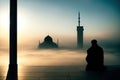 Muslim praying in a mystical environment, silhouette photo, no face visible, generative ai, color grading, islam religion concept