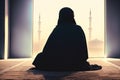 Muslim praying in a mystical environment, silhouette photo, no face visible, generative ai, color grading, islam religion concept