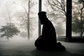 Muslim praying in a mystical environment, silhouette photo, no face visible, generative ai, color grading, islam religion concept