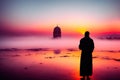 Muslim praying in a mystical environment, silhouette photo, no face visible, generative ai, color grading, islam religion concept