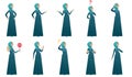 Muslim pregnant woman vector illustrations set. Royalty Free Stock Photo