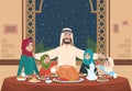 Muslim ramadan dinner. Saudi family with kids eating home. Ramadan cartoon vector illustration Royalty Free Stock Photo