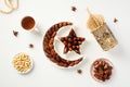 Muslim Ramadan iftar food, arabic lantern, rosary on white background. Dried dates fruit in crescent moon plate, Ramadan fasting