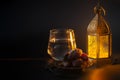 Muslim religious tradition, holy month of Ramadan, Islam and Iftar concept theme with a bowl of dates, prayer beads, glass of Royalty Free Stock Photo