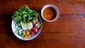 Muslim salad with sauce on wood table and have some space for write wording