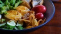 Muslim salad with sauce on wood table and have some space for write wording