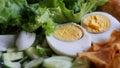 Muslim salad with sauce on wood table and have some space for write wording