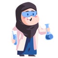 Muslim scientist woman with hijab wearing eyeglasses in laboratory holding research tube in laboratorium modern cartoon color