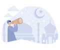 Muslim searching the new moon or hilal with telescope, signals start of the Islamic holy month of Ramadan fasting, flat vector