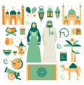 Muslim set of icons set of Arabian. Flat design. Ramadan Kareem.Eid Mubarak illustration. Green color background.