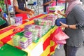 Muslim shoppers buying food from street vendor for breaking fast