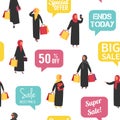 Muslim shopping people with bags. Seamless Vector illustration Royalty Free Stock Photo