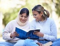 Muslim students, reading or books in park for finance studying, investment education or stock market learning. Smile