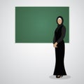 Muslim teacher beautiful woman in the class with the green desk board wearing black abaya and hijab vector illustration