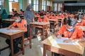 Muslim teacher smiling to her student who answer the question