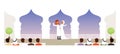 Muslim Wedding Ceremony, Bride and Groom in Traditional Clothing, Newlyweds and their Guests Sitting on Benches Cartoon Royalty Free Stock Photo