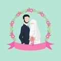 Muslim Wedding Couple Illustration with Ribbon Label and Flower Ornaments. Royalty Free Stock Photo