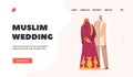 Muslim Wedding Landing Page Template.Islamic Newlywed Wear Festive Dresses Celebrate Ceremony, Groom and Bride