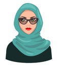 Muslim woman avatar, isolated on white. Young Arabic girl wearing hijab and sunglasses. Cartoon female portrait, flat