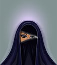 Muslim woman in burqa, opens zipper , background vector
