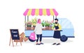 Muslim woman buying flowers from caucasian man flat color vector faceless characters