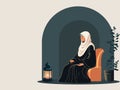 Muslim Woman Character Praying With Tasbih On Armchair With Illuminated Arabic Lamp And Plant Pot. Islamic Festival Concept