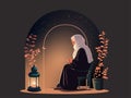 Muslim Woman Character Praying With Tasbih At Chair, Plant Pot And Illuminated Arabic Lamp On Dark Background For Islamic Festival