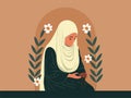 Muslim Woman Character Praying With Tasbih On Floral Background And Copy Space. Islamic Religious Concept