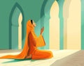 Muslim woman praying with open two empty hands with palms up. Muslim praying on the floor of mosque Royalty Free Stock Photo