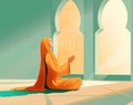 Muslim woman praying with open two empty hands with palms up. Muslim praying on the floor of mosque Royalty Free Stock Photo